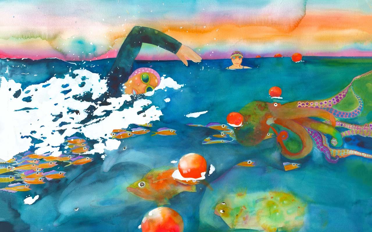Waterpainting of woman teaching Hawaii swim lessons in the pacific ocean. Learn how to swim in the ocean with Salty Swim School.