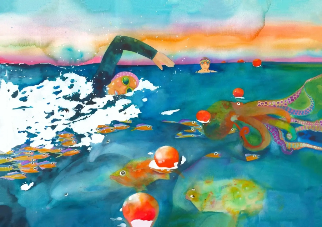 Waterpainting of woman teaching Hawaii swim lessons in the pacific ocean. Learn how to swim in the ocean with Salty Swim School.